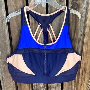 Athleta XL Sports Bra Zip Front Strappy Back Navy Blue Mesh Gym Racer Back